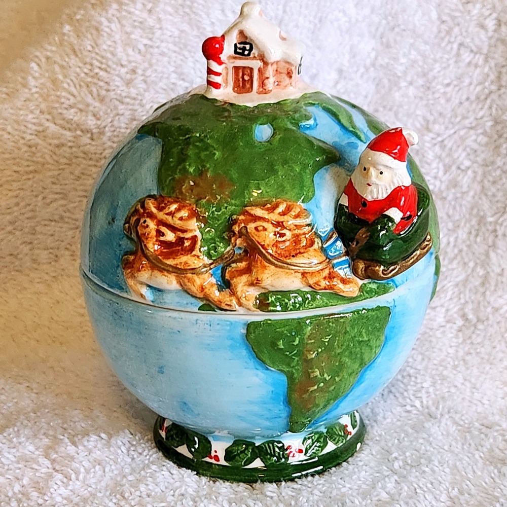 OCI Christmas Globe Santa Sleigh Reindeer Ceramic Salt & Pepper Shakers Set